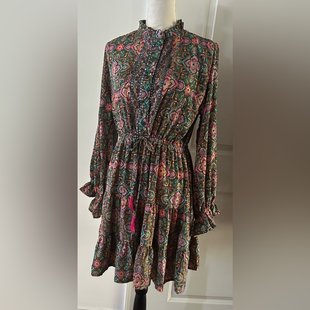 Paani Metallic Paisley Floral Tiered Boho Mini Dress - Size L NEW